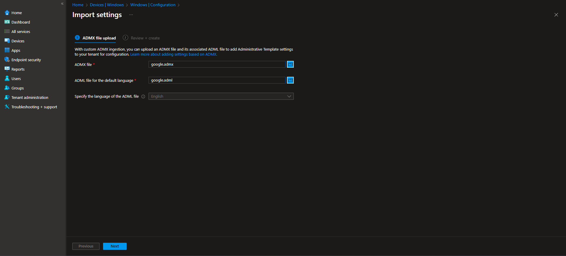 Uploading Windows ADMX and ADML files in Intune